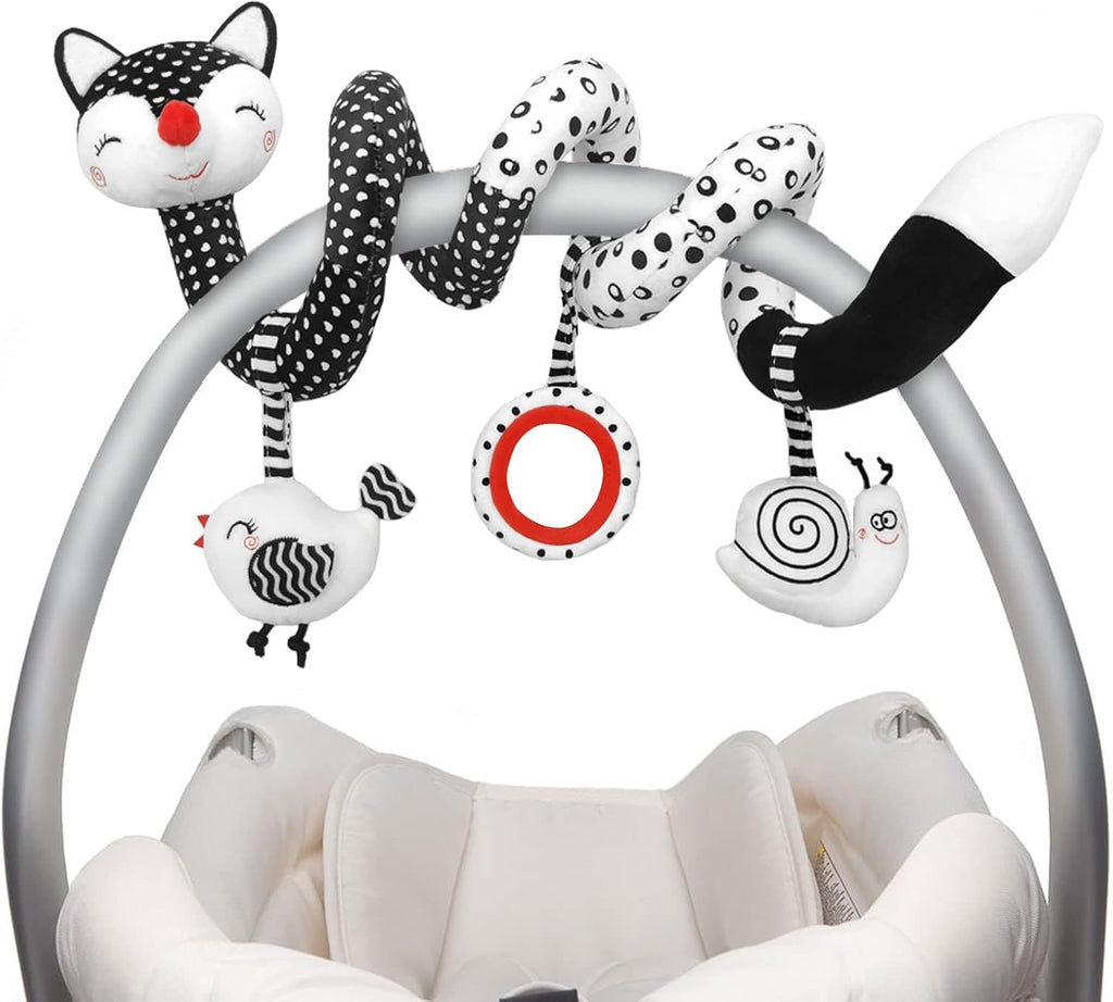 High Contrast Baby Spiral Plush Toys - Black and White Sensory Car Seat and Stroller Toys for Infants Aged 0-12 Months