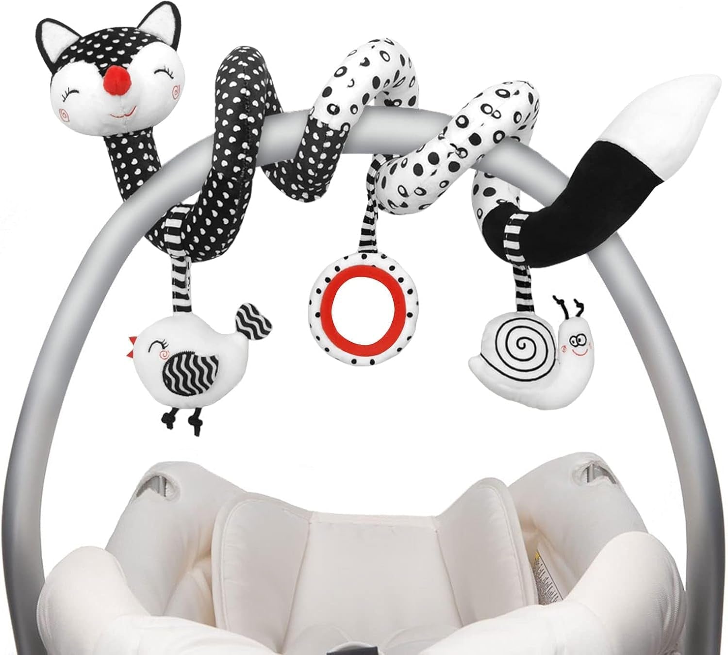 High Contrast Baby Spiral Plush Toys - Black and White Sensory Car Seat and Stroller Toys for Infants Aged 0-12 Months
