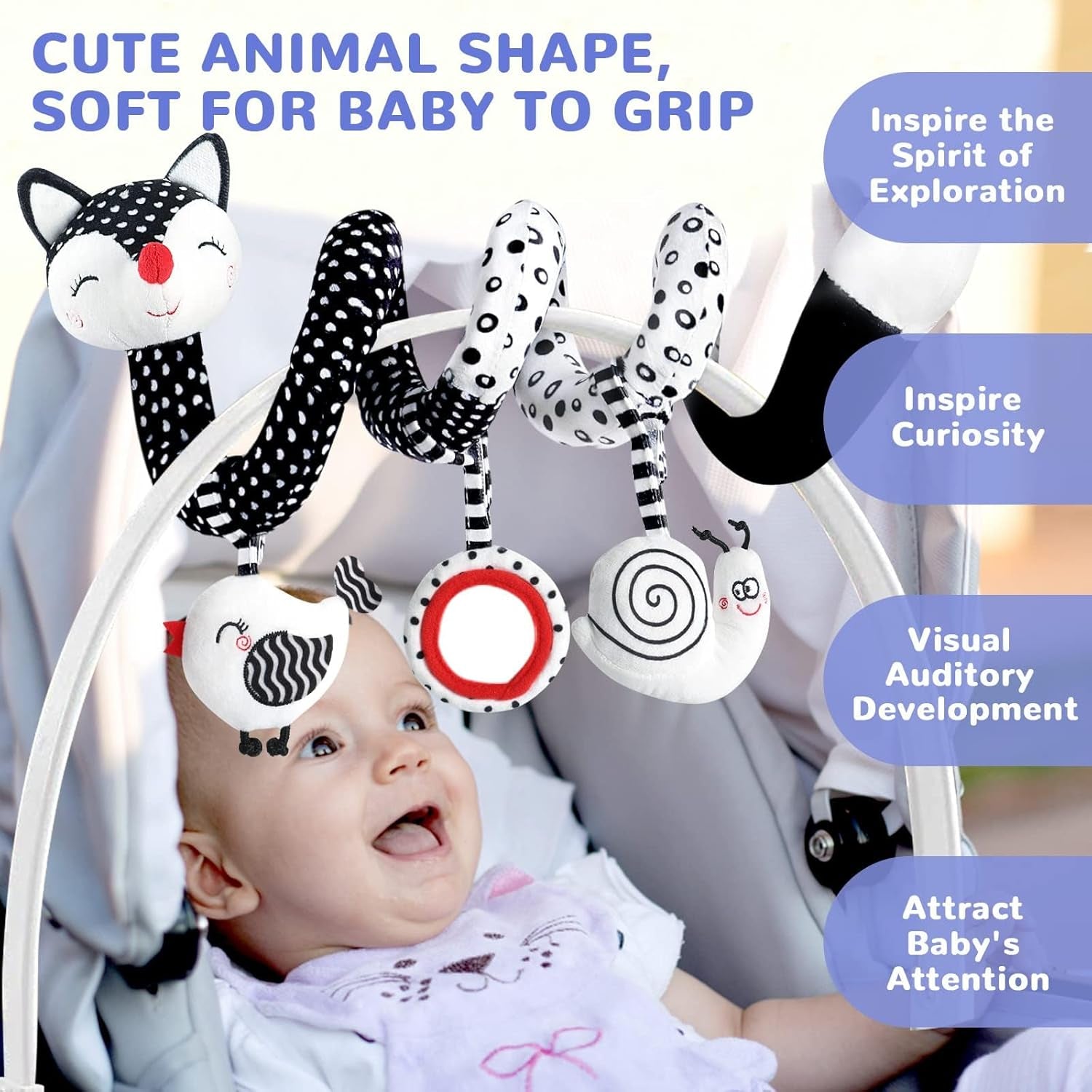 High Contrast Baby Spiral Plush Toys - Black and White Sensory Car Seat and Stroller Toys for Infants Aged 0-12 Months