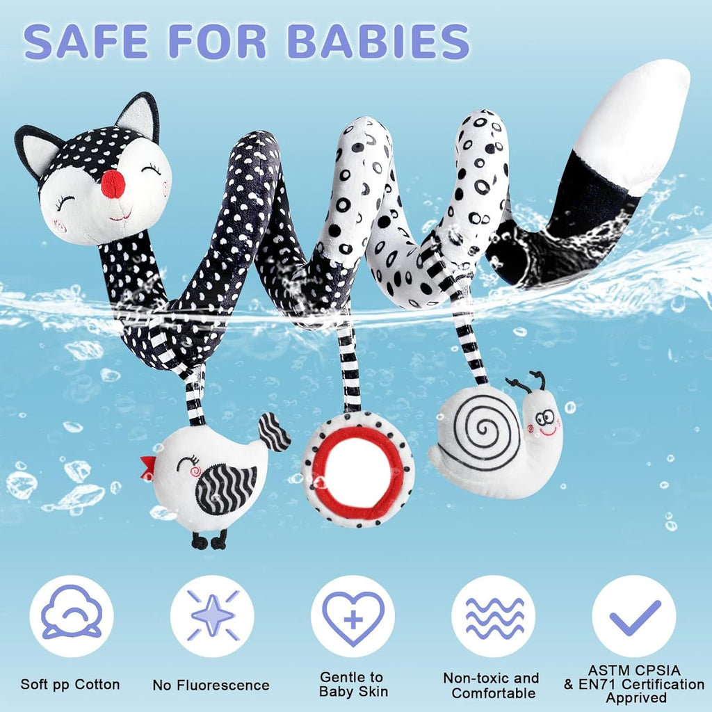 High Contrast Baby Spiral Plush Toys - Black and White Sensory Car Seat and Stroller Toys for Infants Aged 0-12 Months