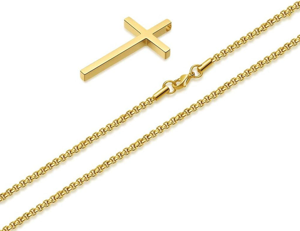 Easter Basket Stuffers - Cross Necklace for Men Teen Boys, Silver Black Gold Stainless Steel Plain Cross Pendant Necklace Box Chain 16-30 Inch
