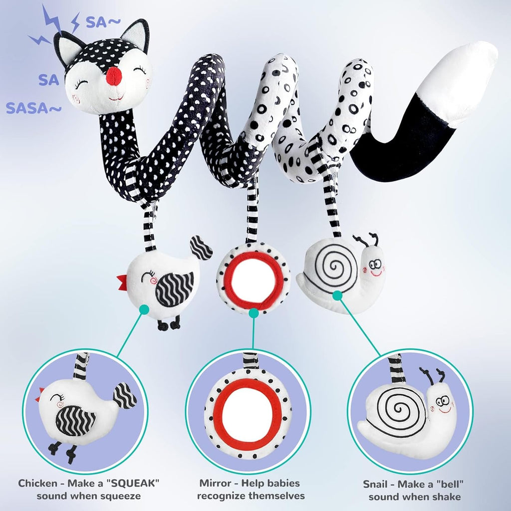 High Contrast Baby Spiral Plush Toys - Black and White Sensory Car Seat and Stroller Toys for Infants Aged 0-12 Months