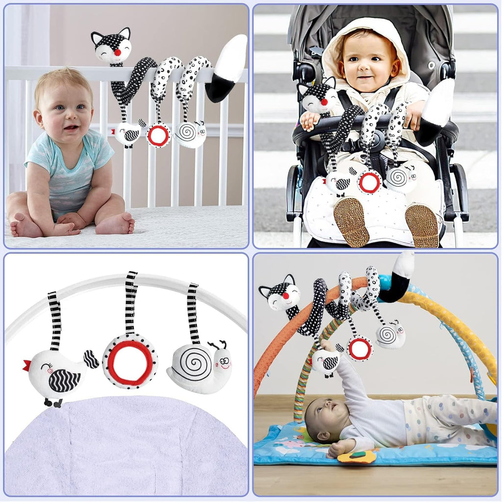 High Contrast Baby Spiral Plush Toys - Black and White Sensory Car Seat and Stroller Toys for Infants Aged 0-12 Months