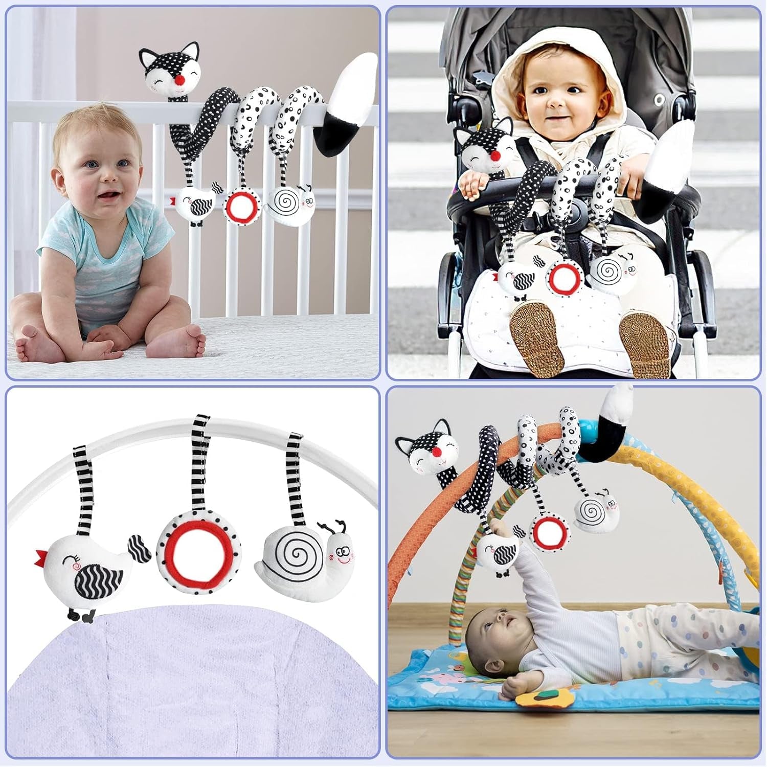 High Contrast Baby Spiral Plush Toys - Black and White Sensory Car Seat and Stroller Toys for Infants Aged 0-12 Months