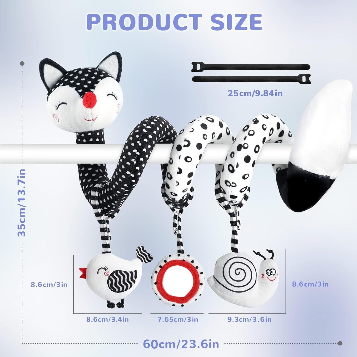 High Contrast Baby Spiral Plush Toys - Black and White Sensory Car Seat and Stroller Toys for Infants Aged 0-12 Months