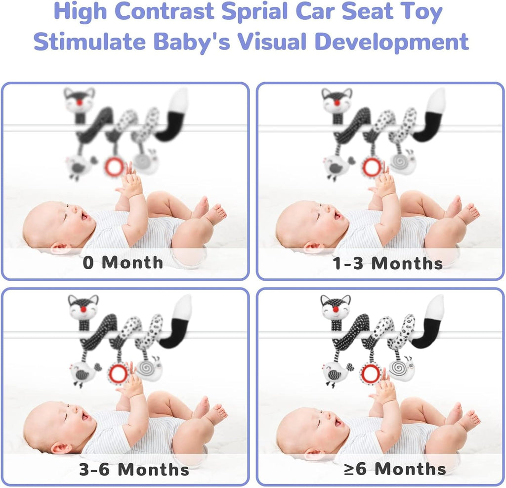 High Contrast Baby Spiral Plush Toys - Black and White Sensory Car Seat and Stroller Toys for Infants Aged 0-12 Months